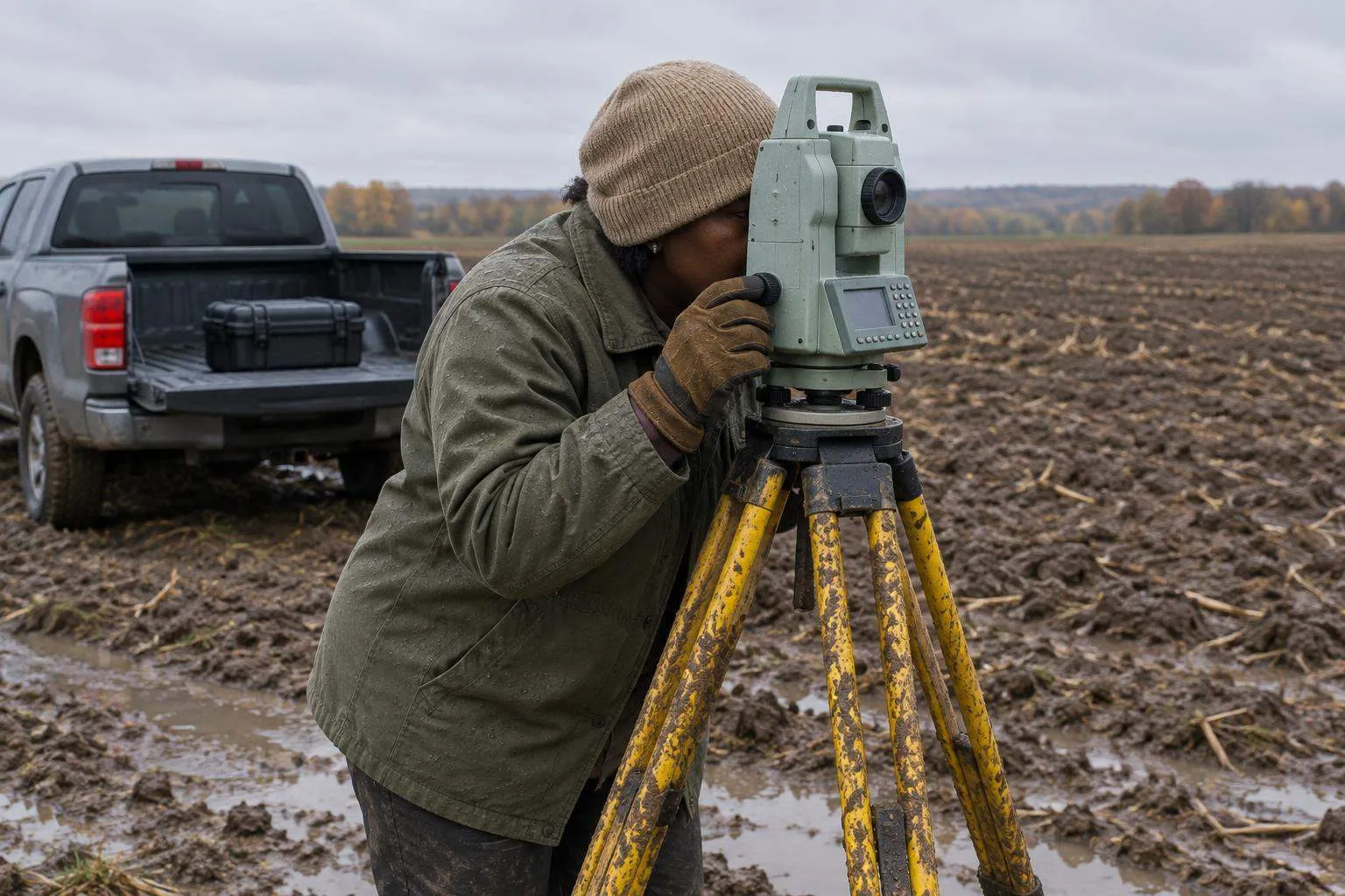 Gloved hand adjusting a total station in a wet field, with a closed drone case resting unused in a pickup bed behind.