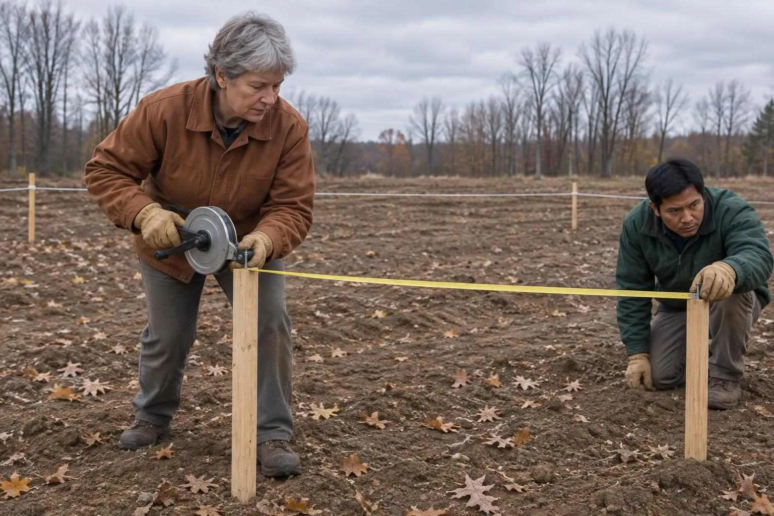 Two surveyors check the diagonal between staked building corners with a steel tape on a bare graded lot in autumn.