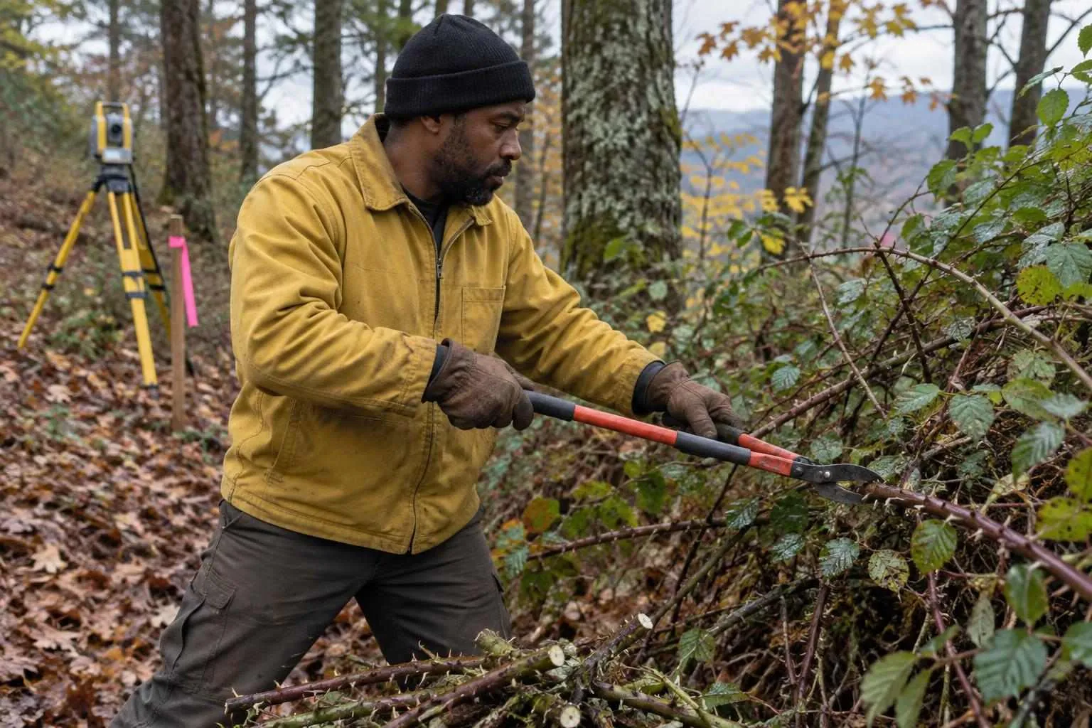 Surveyor cutting a sightline through brambles on a wooded hillside, with a total station on a tripod behind him
