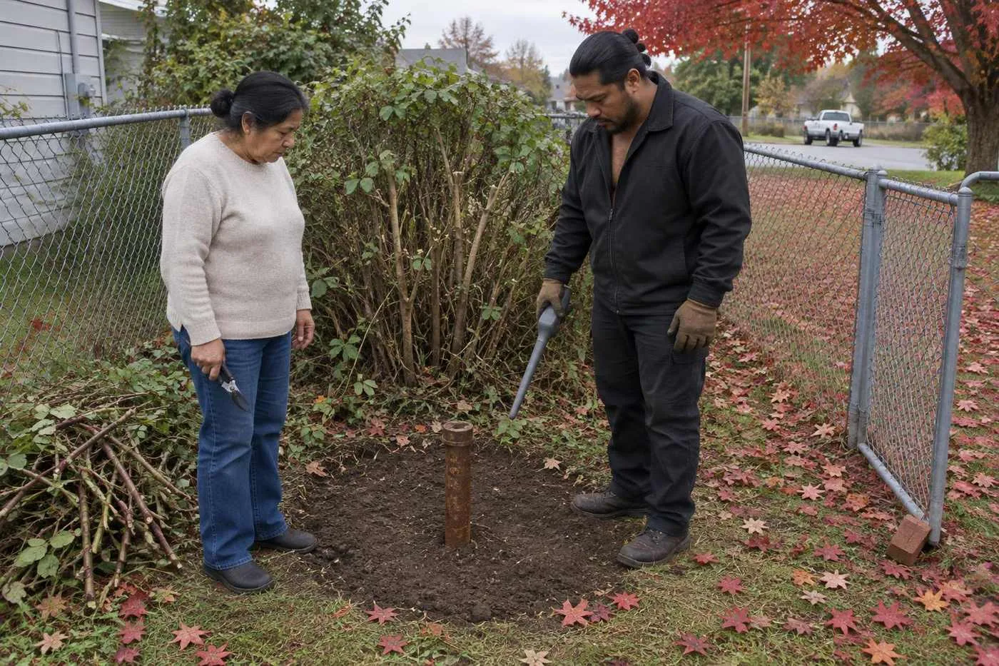 A homeowner and a surveyor stand on either side of a rusted iron pipe in a freshly cleared corner of a backyard.
