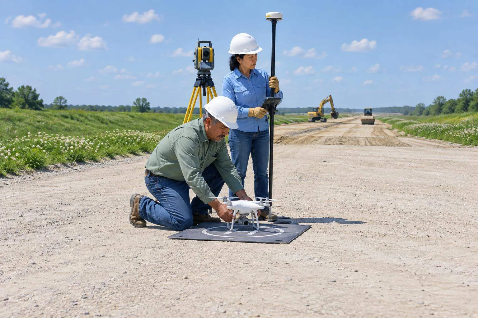 Two surveyors on a graded road corridor, one setting a small drone on a mat, the other holding a GNSS rover pole in spring sun.