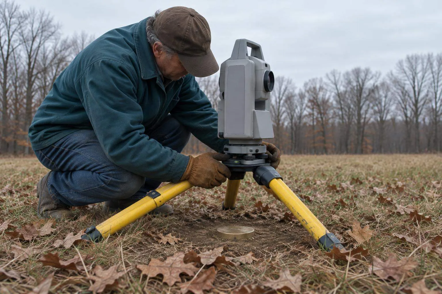 Gloved hands turn the foot screws of a surveying instrument on a tripod, set over a brass monument on a rural lot in autumn.