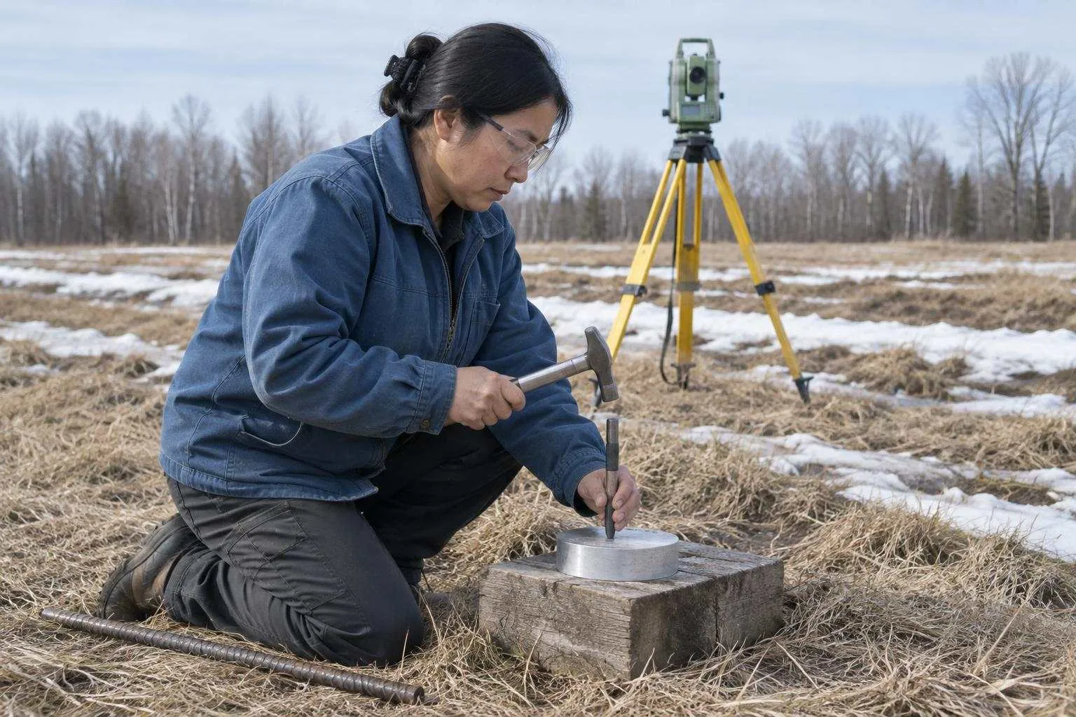 Surveyor kneeling in a thawing field strikes a steel punch with a hammer to stamp a blank aluminium monument cap.